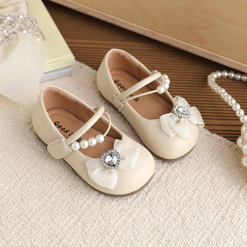 

Girl Children‘s Shoes 2026 Spring New Shoes Bow Leather Pearls Dress Princess Rhinestone Fashion Women's Shoes Allmatch Kids