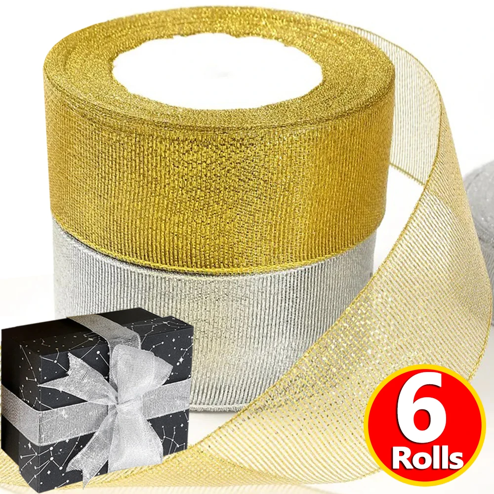 22.5 Meters Gold Silver Glitter Ribbon Wedding Gift Wrapping Crafts Supplies Christmas Decoration Organza Shiny DIY Ribbon