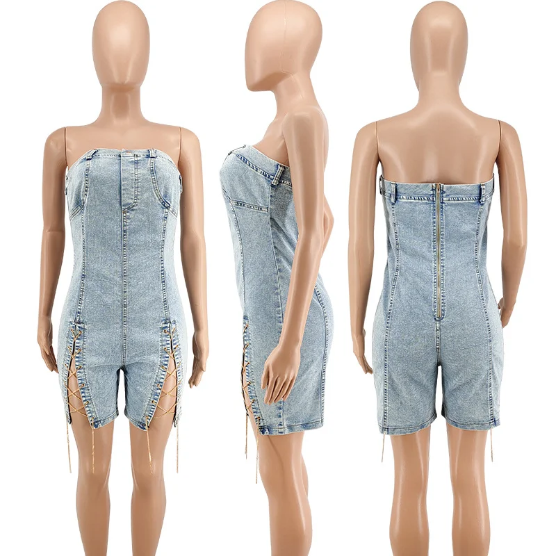 Imagem -06 - Denim Bandage Mulheres Playsuit Fora do Ombro Skinny Jeans Rompers 2023 Verão Sexy Voltar Zipper Fly Night Club Party Jumpsuits Curtos