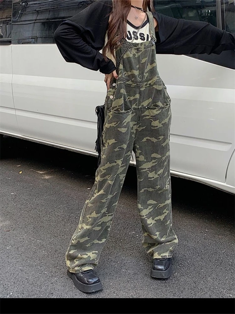 Women's Camouflage High Waisted Jumpsuit Classic Vintage Overalls Fashion Girl Wide Leg Pants Female Baggy Rompers Trouser