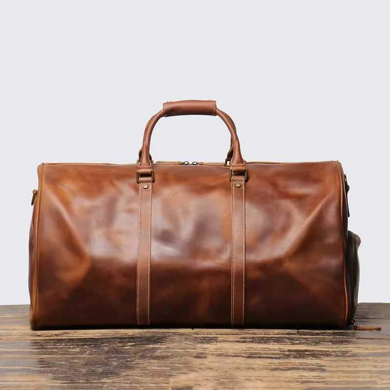 Retro Men's Casual Travel Bag Top Layer Cowhide Large Capacity Handheld Leather Duffel Bag