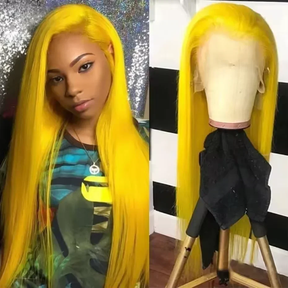 Yellow Wig Bone Straight Lace Front Wig 32 Inches 13×4 HD Transparent Synthetic And Blend Lace Wig Pre Plucked Cosplay For Women