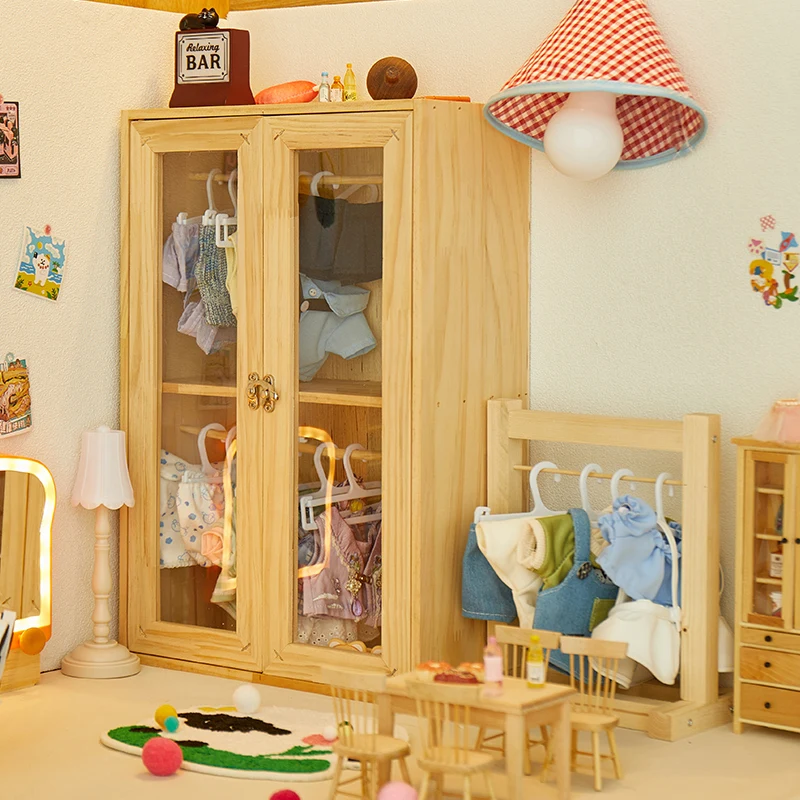 Hölzerner Babypuppen-Schrank für 12-16-Zoll-Puppen, BJD-Puppen-Kleiderschrank zur Aufbewahrung von Puppenkleidung, Kleidung und Zubehör-Schrank