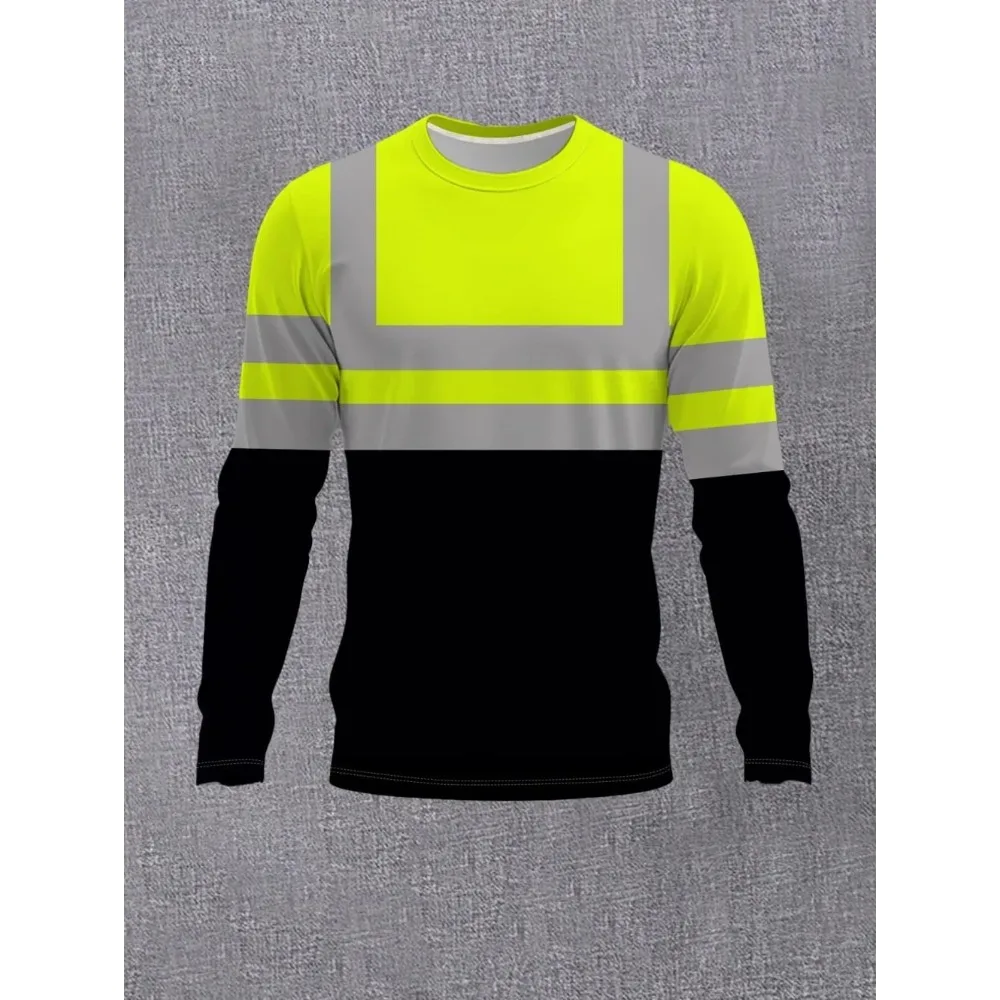 New Men's Striped Printed T-Shirt Safety Work Clothing Long Sleeved O-Neck Casual Loose Tops Daily Oversized Unisex Clothing