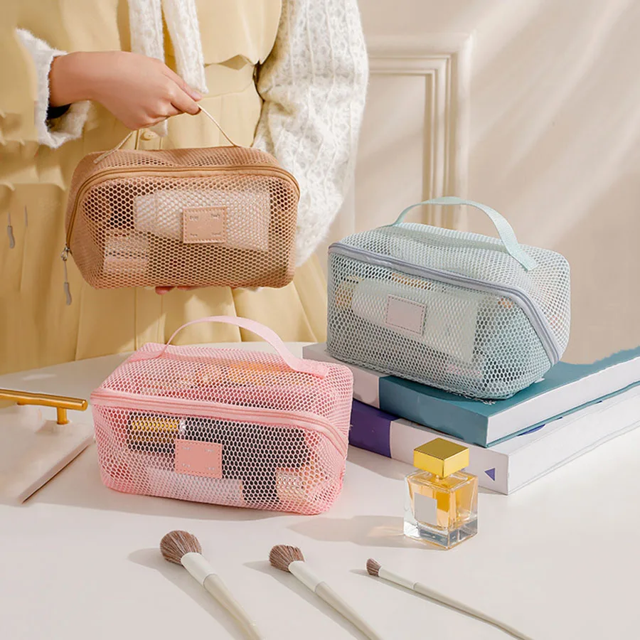 Borsa per trucco portatile in rete di grande capacità con cerniera Custodia per organizer per borsa cosmetica in rete trasparente multistrato quadrata