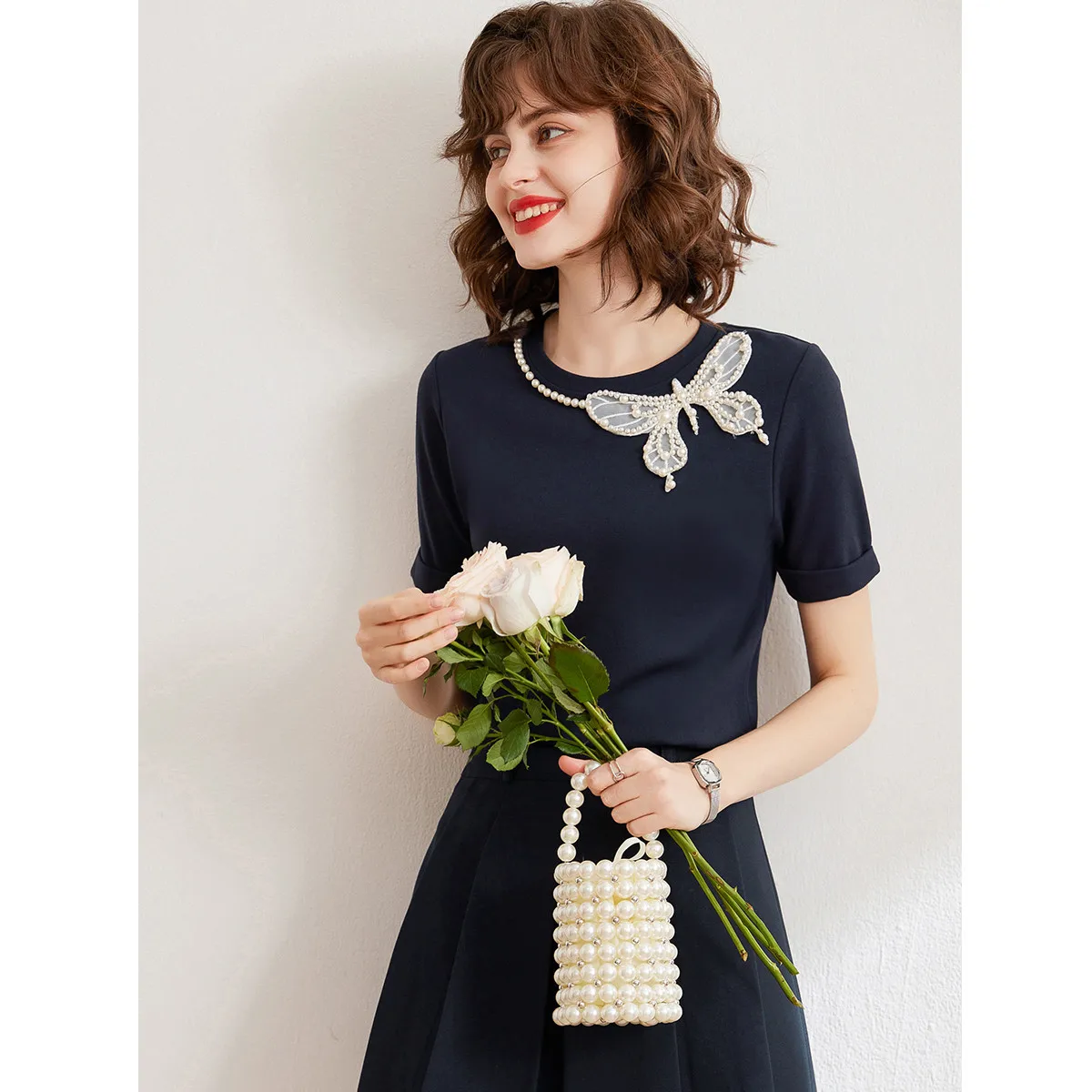 LOUISYAO High End Butterfly Beaded T-Shirt Women 2025 Summer Short Sleeve Casual Fashion Streetwear Daily Tops Best Seller