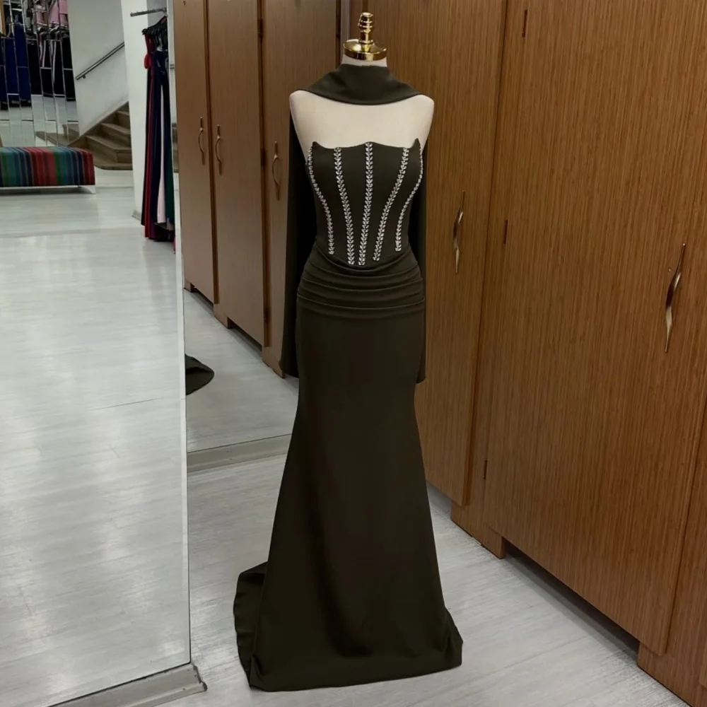 

Customized Modern Style Fashion Jersey Rhinestone Pleat Mermaid Strapless Long Dresses Bespoke Occasion Dresses Matching Formal