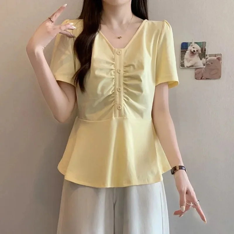 Yellow V Neck Short Sleeve Loose T Shirt With Button Detail Peplum Top For Women Summer Casual Office Wear