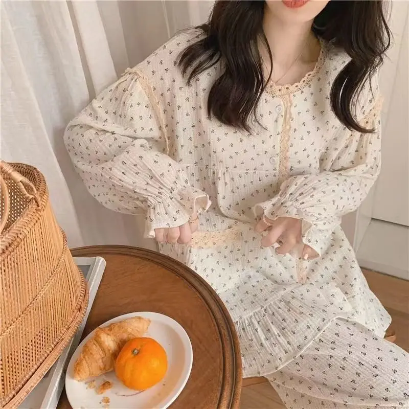 Floral Sleepwear Women Pajama Sets Autumn Korean Pants Sets 2 Pieces Ruffle Piiama Night Wears Long Sleeve Casual Lace Home Suit