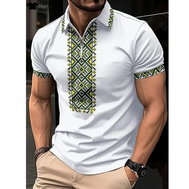 3D Vintage Ethnic Style Casual Polo Shirt Mens Big Size Big Size Short Sleeve Zip Printed Polos Fashion Outdoor Sport Polo Shirt image 2