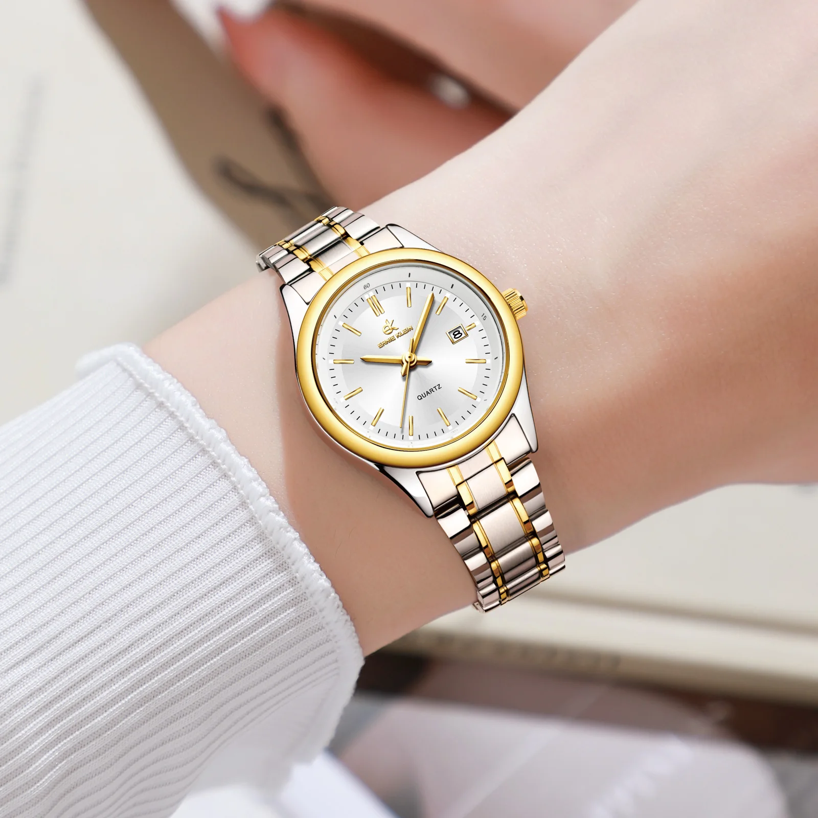 ERNIE KLEIN Women’s Watch Luxury Gold Watch OriginalDate Week Stainless Steel Waterproof Luminous Elegant Dress Ladies' Watches