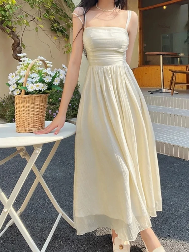 Vestido De línea A con tirantes finos para Mujer, ropa estética, camisola, Vestidos De Mujer, bata con pliegues, ropa De calle lisa De una pieza