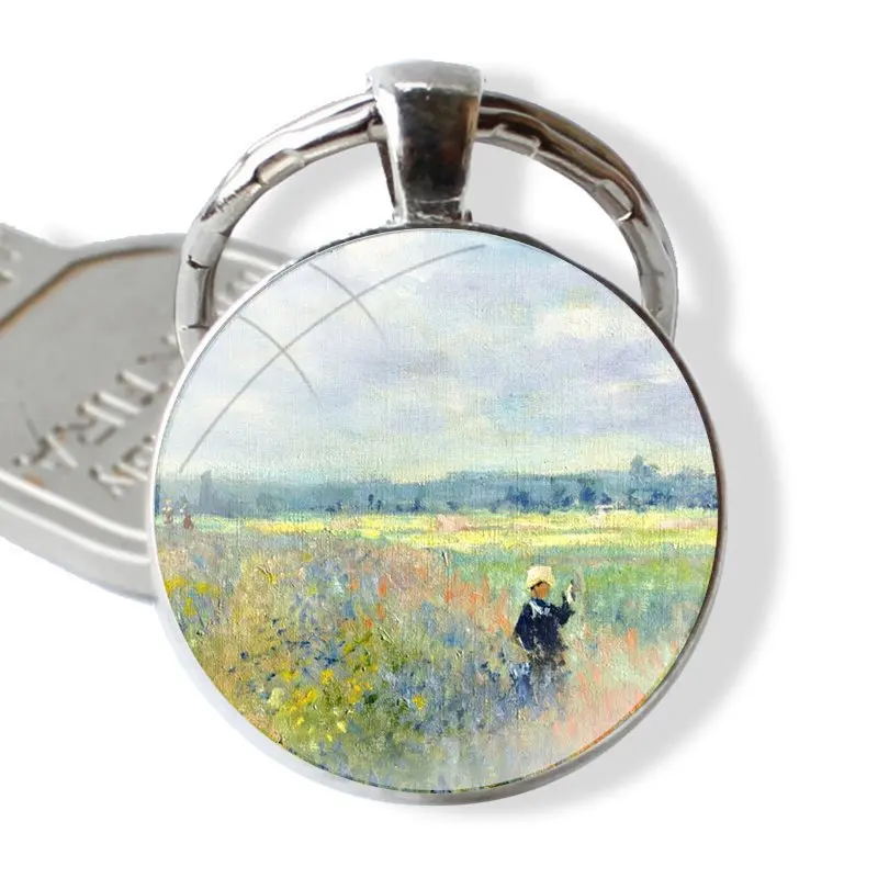 Glass Metal Pendant Key Chain Classic Men Women Key Ring Accessories Jewelry Gifts Claude Monet Oil Painting Sunflower