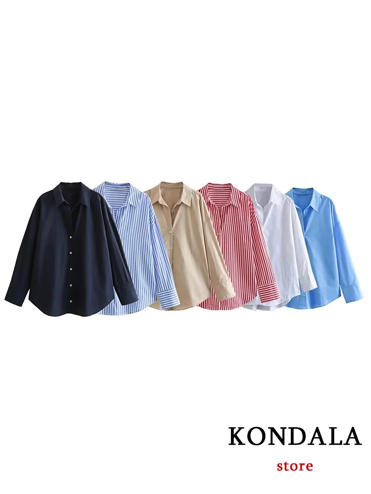 KONDALA Casual Striped Print V Neck Shirts Women Long Sleeve Oversized Office Lady Shirts Fashion 2023 Summer Autumn Blouses Top