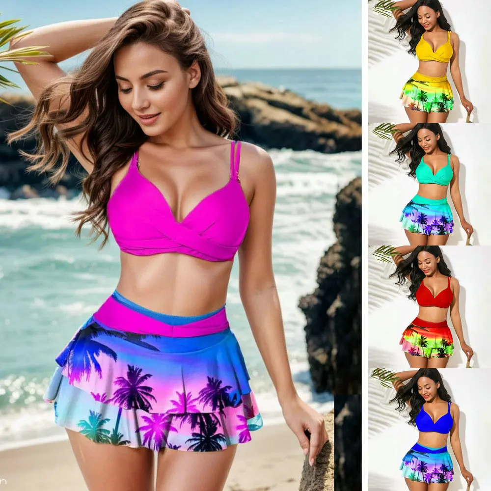 

Sexy Ruffled Swimsuit Women Push Up Hollow Out Cross Bikini Set Women Maple Print Beach Bathing Suit Skirt Swimwear Plus Size