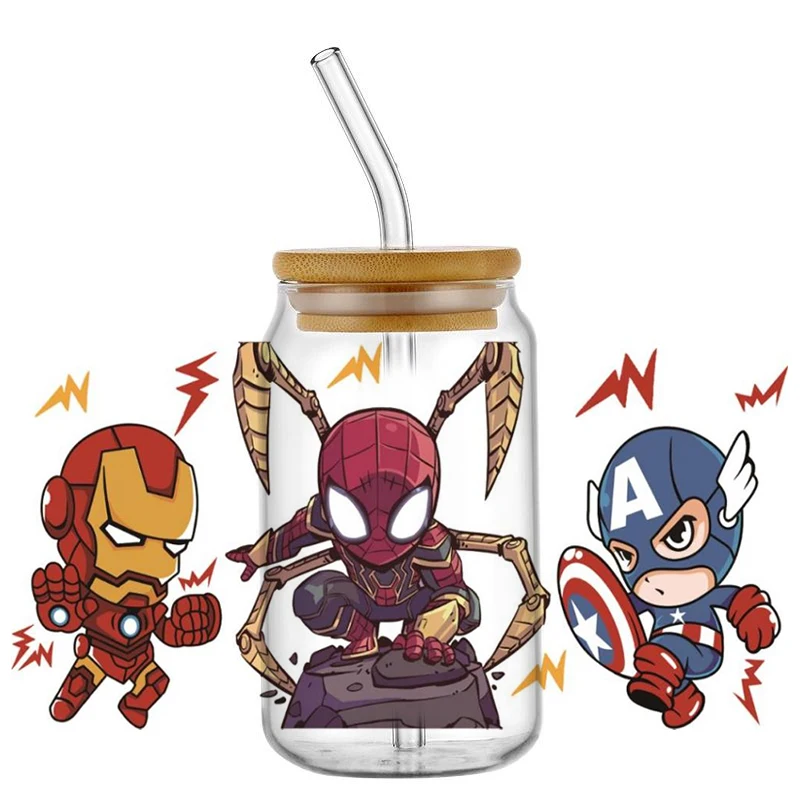 Miniso Cartoon Marvel UV DTF Cup Wraps 3D Waterproof UV Stickers for 16oz Libby Glass Transfer Decals