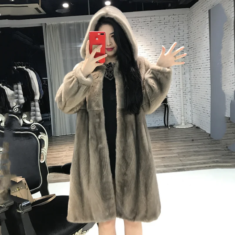 

2024 New Real Natural Mink Fur Women Long Coat With Hood Winter Slim Warm Plus Size Whole Mink Fur Jacket