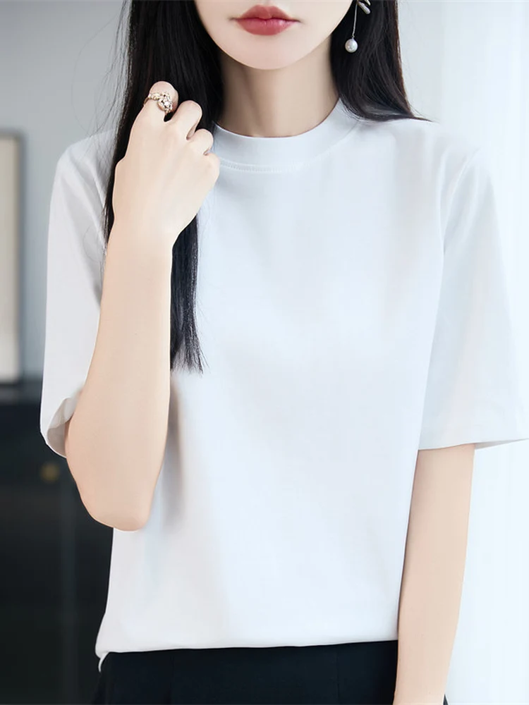 Loose Fit Women's Short Sleeve T-Shirt Half High Collar Pure Cotton Summer Casual Top Breathable Comfortable Inner Wear Base ...