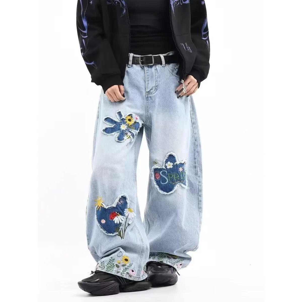 

American High Street Knot Patch Design Loose Jeans Women's New High Waist Slim Wide Leg Straight Long Pants