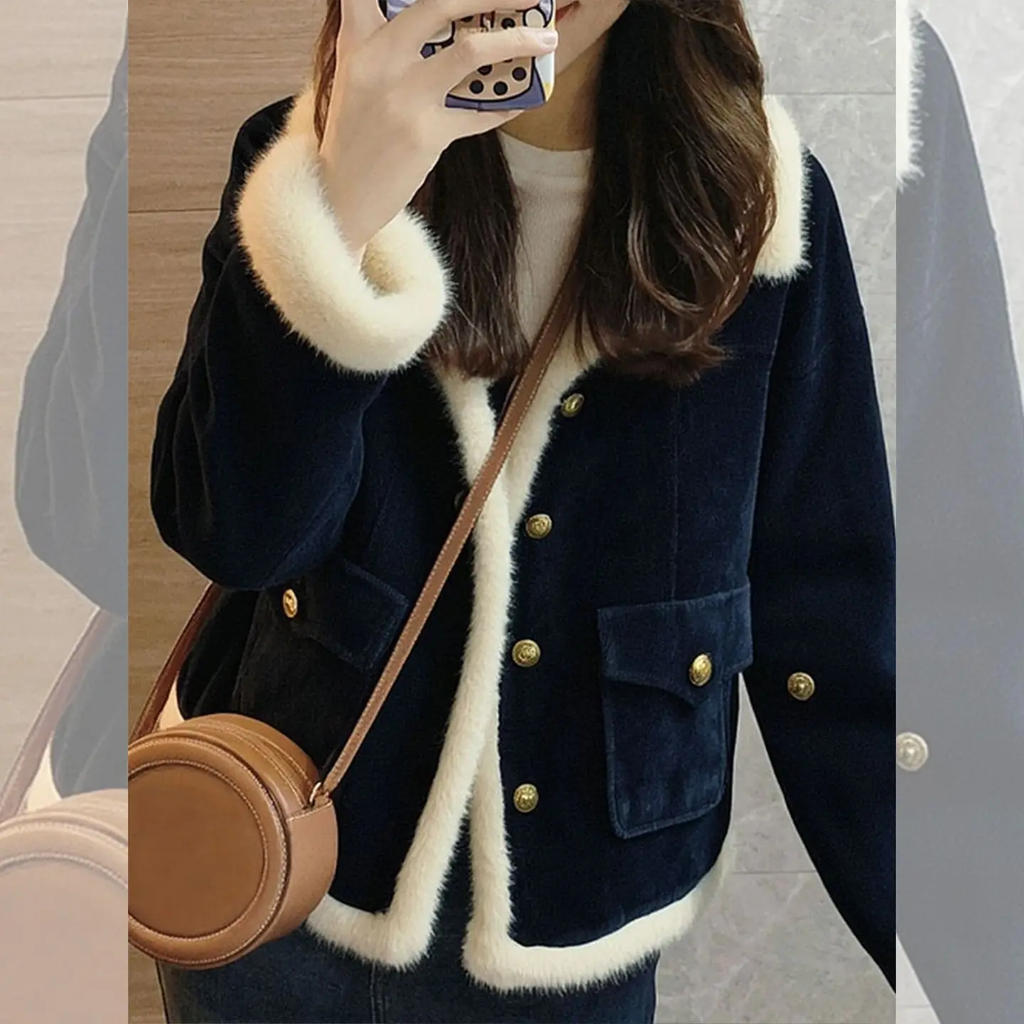 

Elegant Literary Retro Medium Long Fur Collar Outer Women's Set of Lamb Wool Splicing New Autumn Winter Thickened Warm Cotton