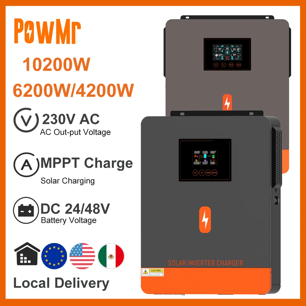 MPPT Charge Inversor Híbrido de Energia Solar, Entrega Rápida Local, Fits LiFePO4, 1.6kW, 3kW, 4.5kW, 4.3 kW, 6.2kW, 10kW, 24V, 48V, 230V AC, EU Stock