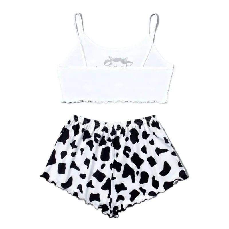 Women 2 Pieces Pajamas Set Cute Cow Print Sleeveless Top and Shorts Sleepwear Casual Homewear Loungewear Pijamas