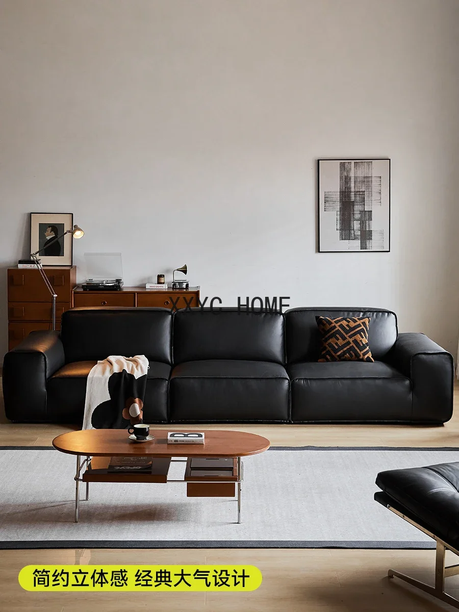 Big black cow leather sofa Italian simple living room tofu block straight combination landing