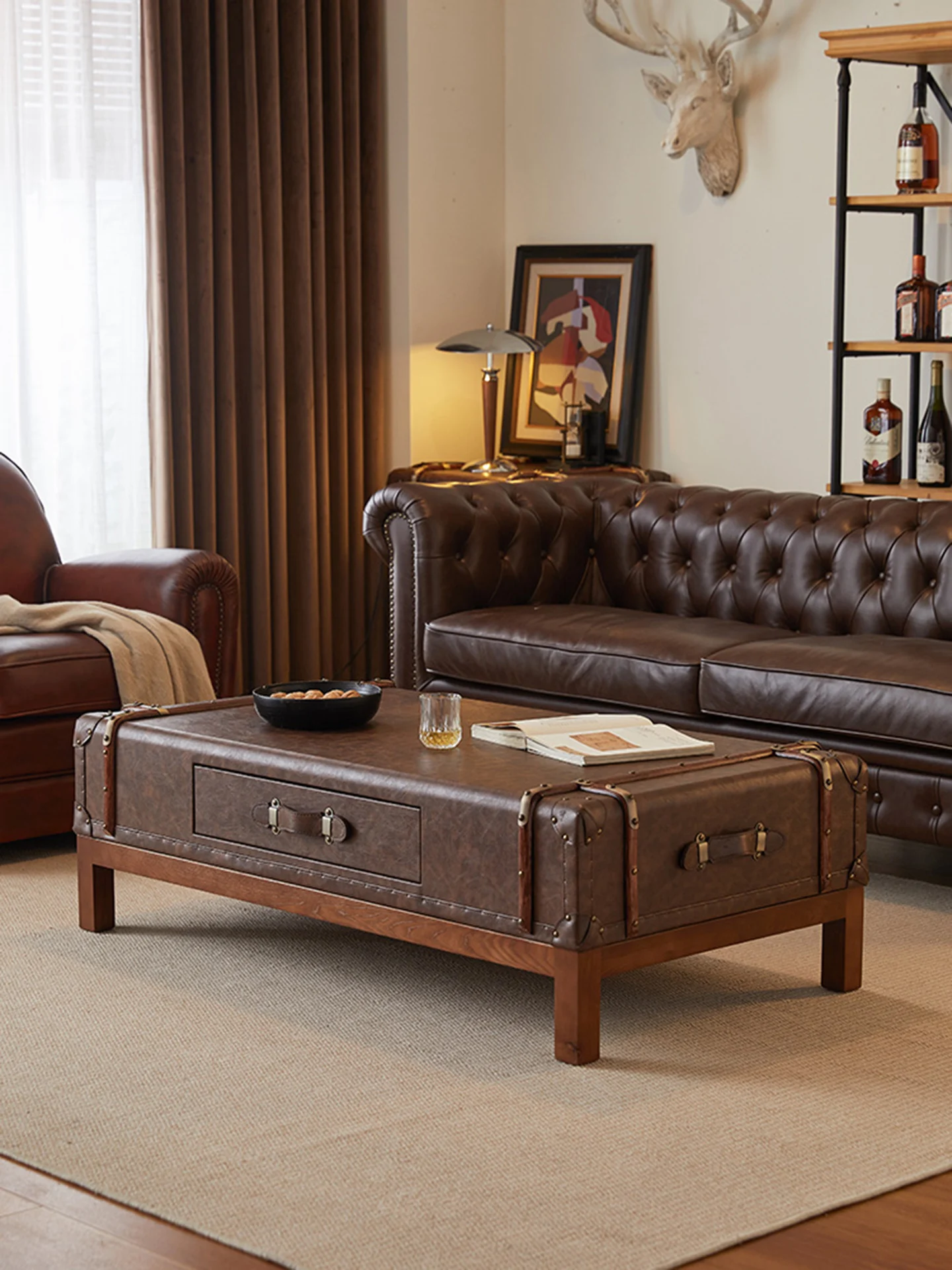 French antique coffee table solid wood rattan wood strip storage leather retro leather case coffee table American style