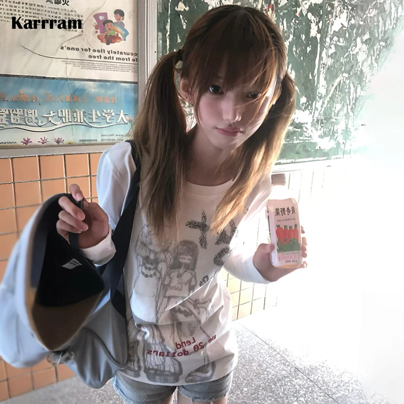 Karrram Japanisches Y2k Anime Print T-Shirt 2000er Jahre Ästhetischer Stil Langarm T-Shirt Vintage Harajuku Cutecore Tops American Retro