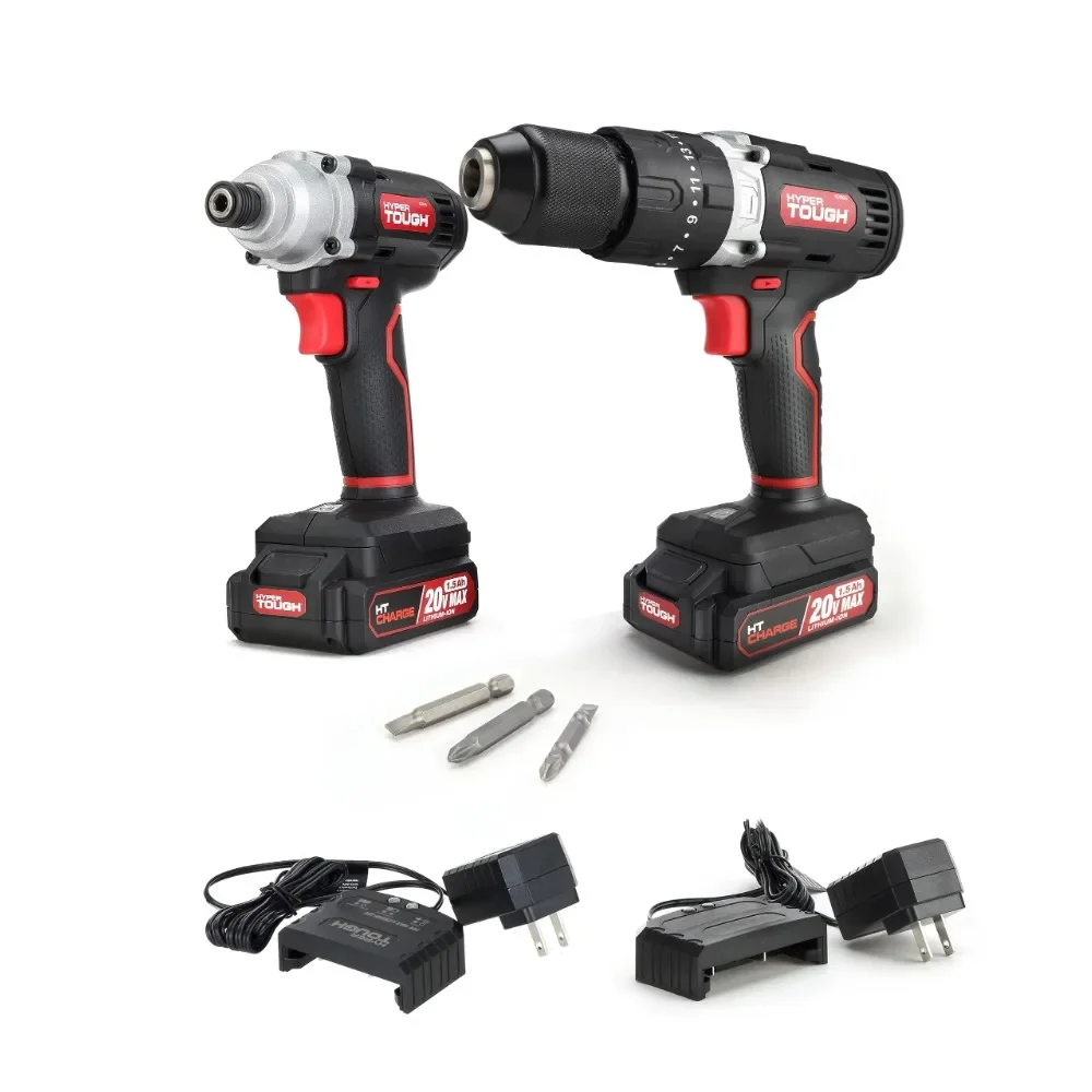 Hyper Tough 20V 1/4” Impact Driver & 1/2” 2-Speed Hammer Drill Bundle, (2) 1.5Ah Lithium-Ion Batterjavascript:ies & (2) Chargers