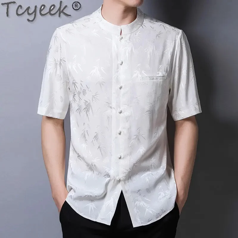 92% Tcyeek Mulberry Silk Summer Short Sleeve Shirts Men Casual Print Shirt Men's Clothing Thin White Blouse Tide Camisa Hombre