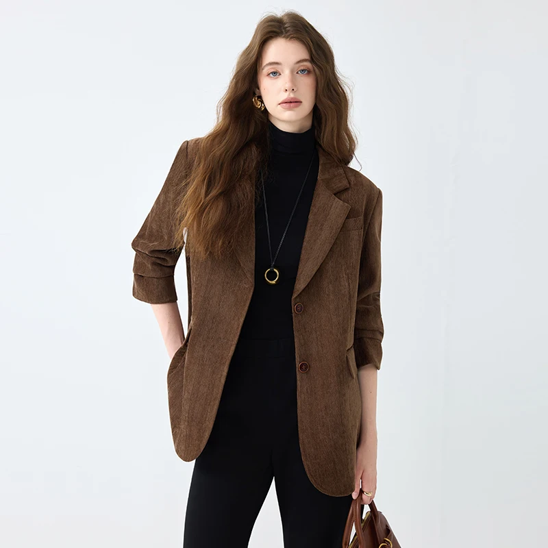 Retro Brown Melton Suit Jacket for Women Loose Fit Large Size Casual Top Fall-Winter 2026
