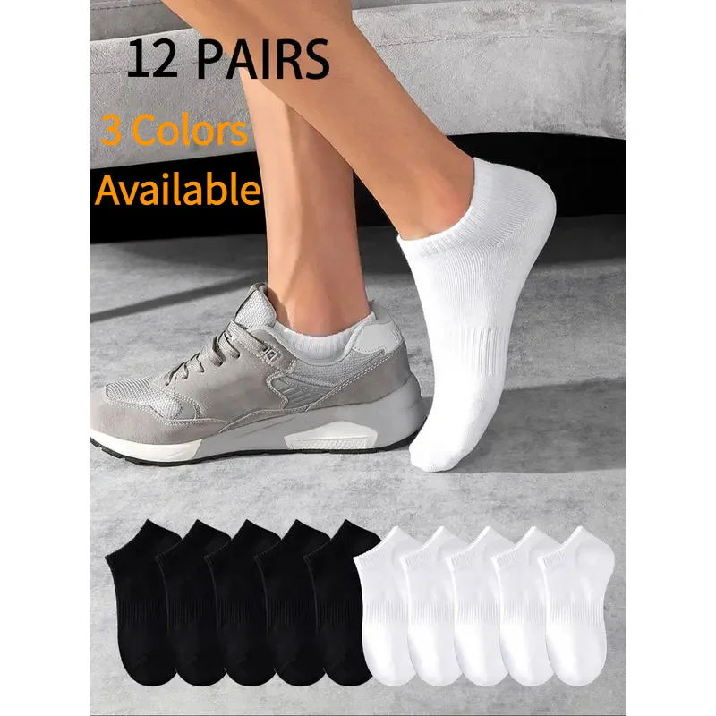 12Pairs Unisex Sports No-Show Socks White Black Sweat-Absorbent Breathable Spring Summer For Tennis Badminton Running Basketball
