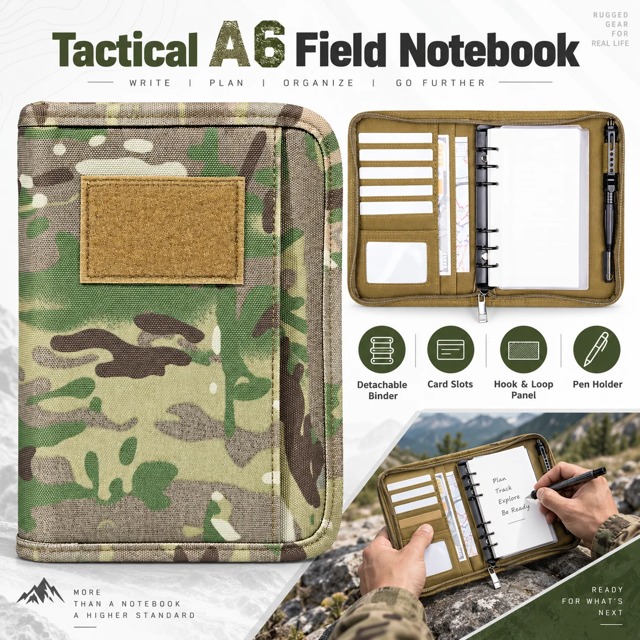 A6 Tactical Zippered Padfolio Ring Binder Detachable Loose Leaf Notebook Cover Outdoor Pocket Journal Organizer Protective Case