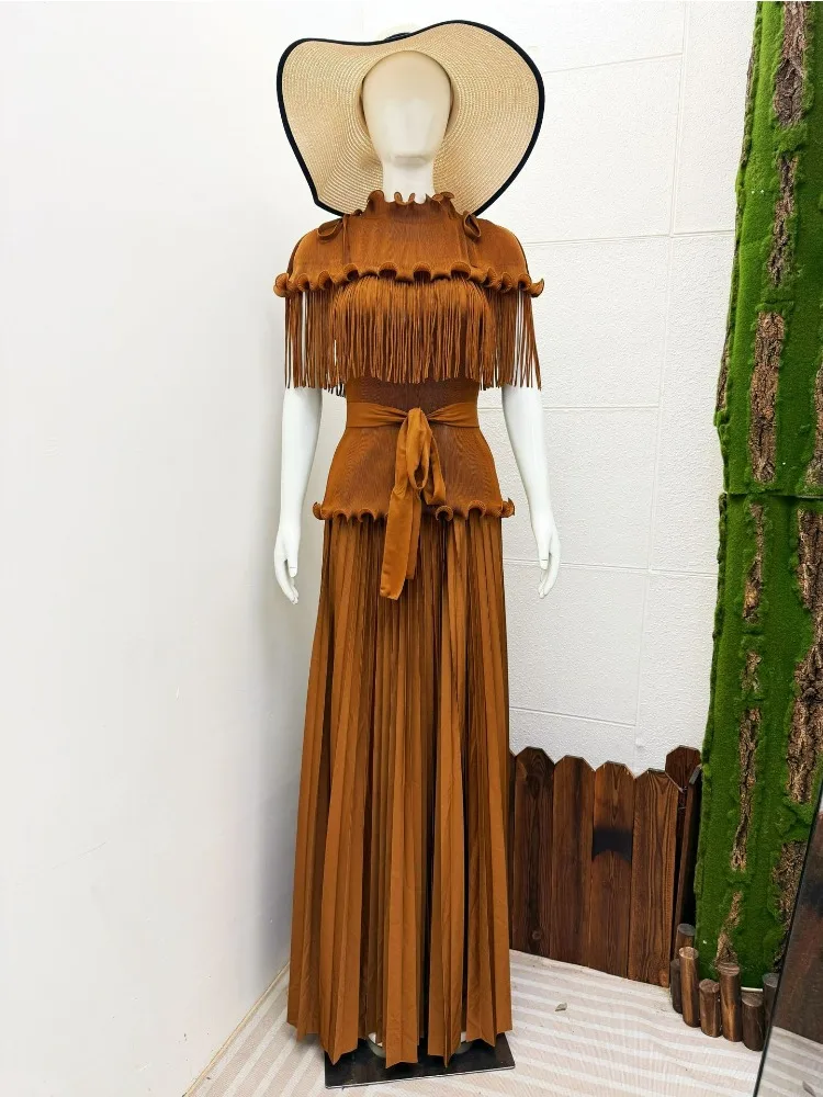 

Плиссированный костюм с плотным краем в виде листьев лотоса, топ с бахромой + юбка, комплект из двух предметов, свободная женская одежда, новинка лета 2023 г.