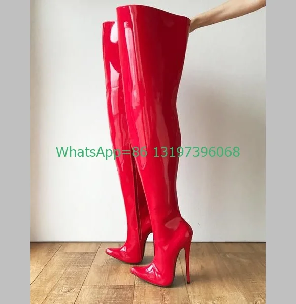 Lady mirror red color PU super heel boots pointed toe over the knee boots patent PU Metallic design dance boots footwear size 46