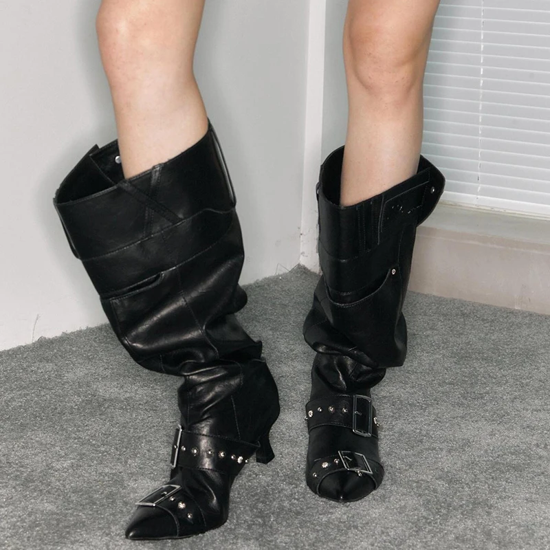 Vintage Designer Fashionable Heap Boots Women's 2025 Winter High Heel Knee Boots Elegant Pleated New Retro High Knights Boots