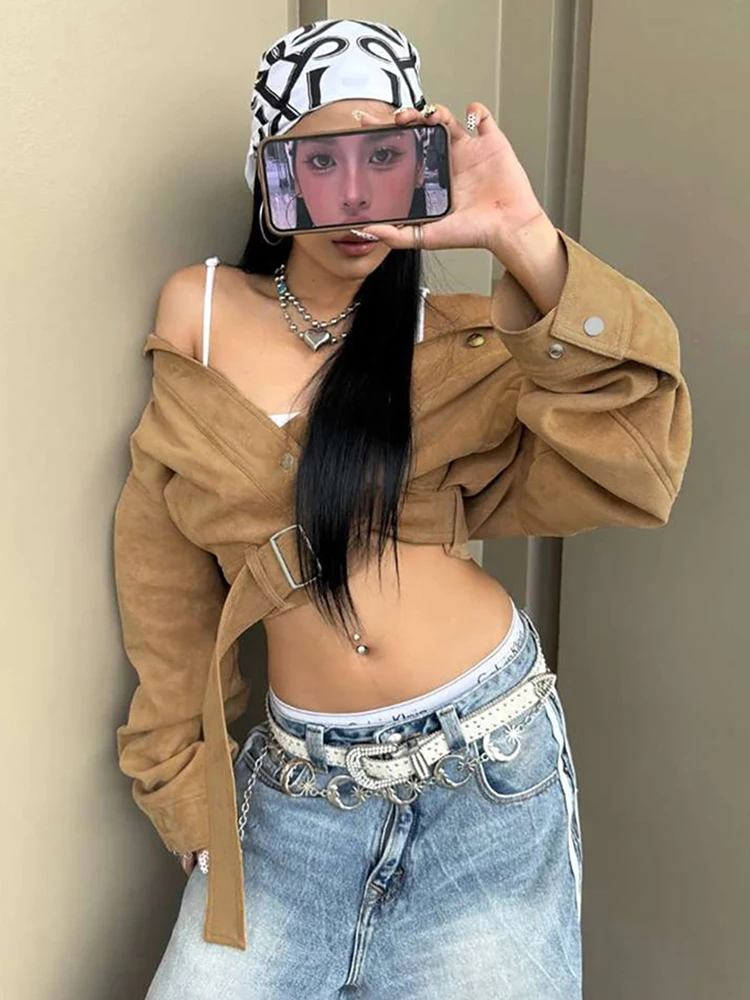 

Nibber замшевая куртка с лацканами, женская однобортная куртка с кисточками и пряжкой на ремне, модное осеннее уличное классическое повседневное укороченное пальто