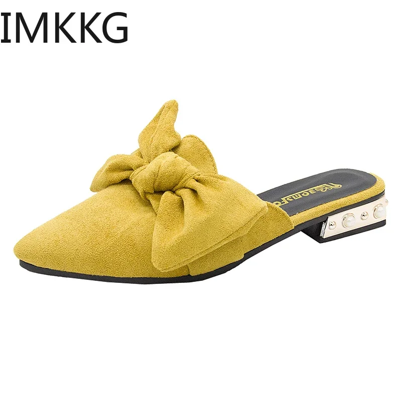 Mules for Women Low Heels Comfortable Slip on Pointed Toe Women's Slides Bowtie Casual Shoes Yellow