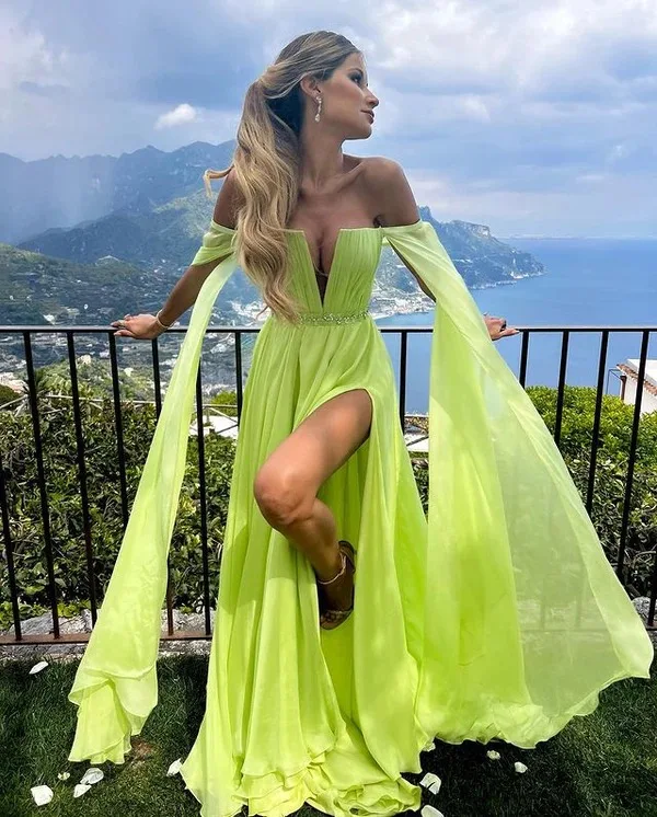 

Lemon Green Chiffon Long Evening Dresses A-line Deep V-neck Side Slit Sexy Prom Party Gowns Off The Shoulder