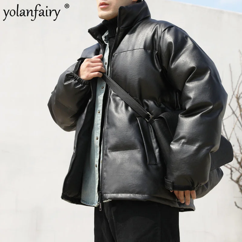 YOLANFAIRY-Blouson d'hiver en cuir PU pour homme, parka rembourrée en coton à col montant, manteau optique, FCY