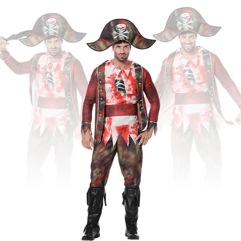 

Men Pirates Caribbean Costume Set Pirate Hat Pirate Shirt with Belt Punk Pants Coat etc Adult Halloween Captain Zombie Costume