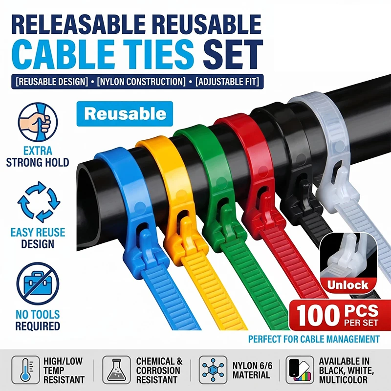 100PCS Plastic Reusable Cable Zip Ties 4*150 Nylon Durable & Flexible Adjust Loose Slipknot Cable Ties White/Black/Random Color
