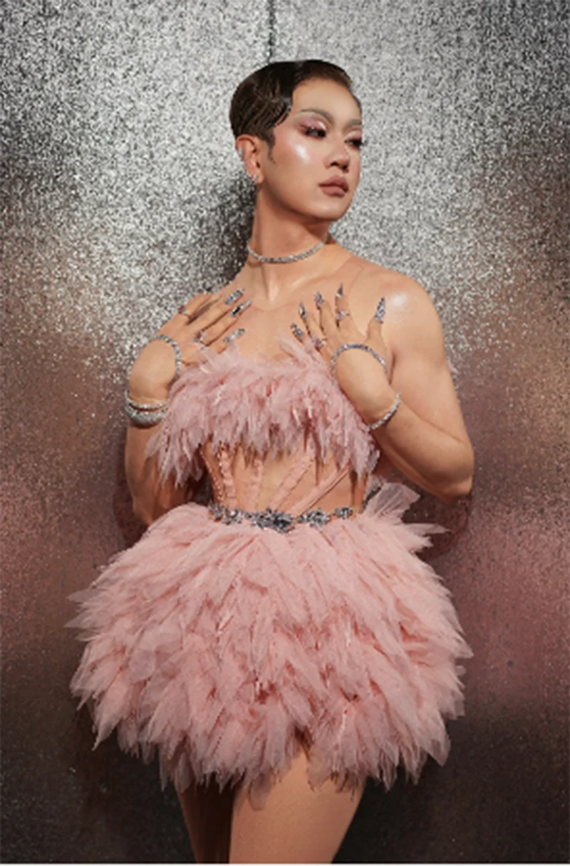 Frauen Show Performance Bühnenkleidung Tanzkostüm Rosa Mesh Strasssteine Ballkleid Kleid Abschlussball Party Feiern Geburtstagskleid