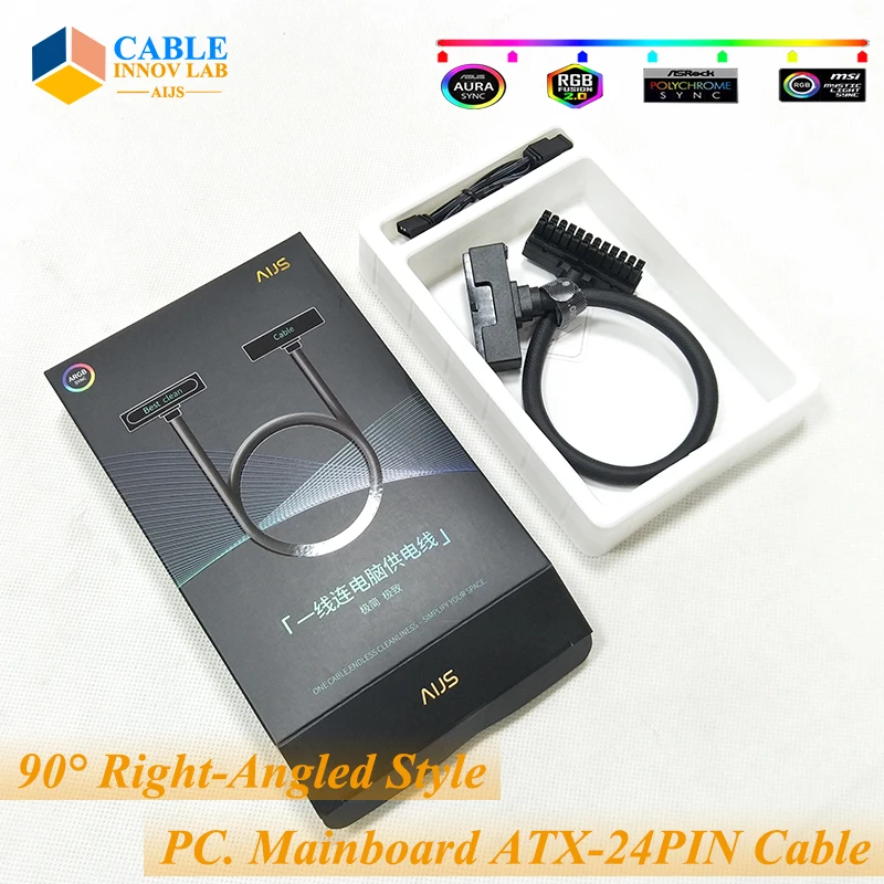 

Black Style AIJS Computer Motherboard ATX 24Pin Extension Cable With ARGB For PSU Cable One Single Design