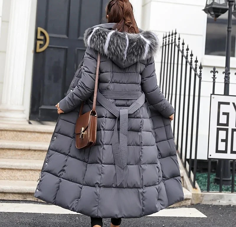 여성용 코튼 파카 코트 신상 겨울 무릎 위 길이 루즈핏 큰 털 카라 후드 따뜻한 두꺼운 패딩 오버코트