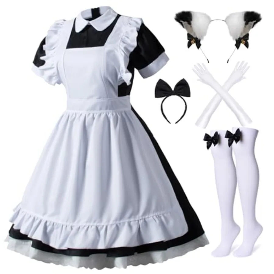 

Japanese Anime 6Pcs Lolita French Maid Apron Fancy Dress Cosplay Costume Gloves Headwear Socks set Black Plus size 4XL