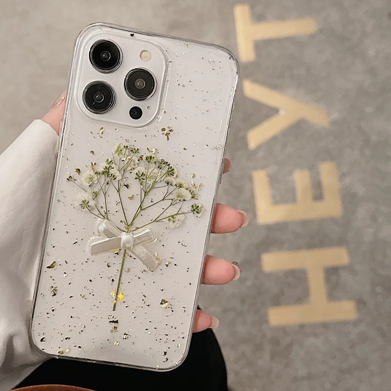 3D Bow Dry Flower Transparent Phone Case for iPhone 15 Pro Max 14 Plus 13 Mini 12 11 Xsmax Xr 8Plus Fall Protection Case