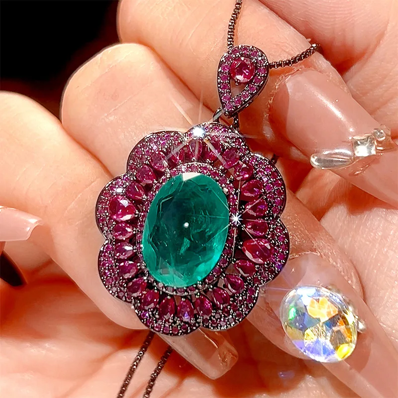Adjustable Flower Shaped Statement Jewelry Red Green Oval Gem Necklace Ring Vintage Dark Plated Sparkling Cluster Fashion Party