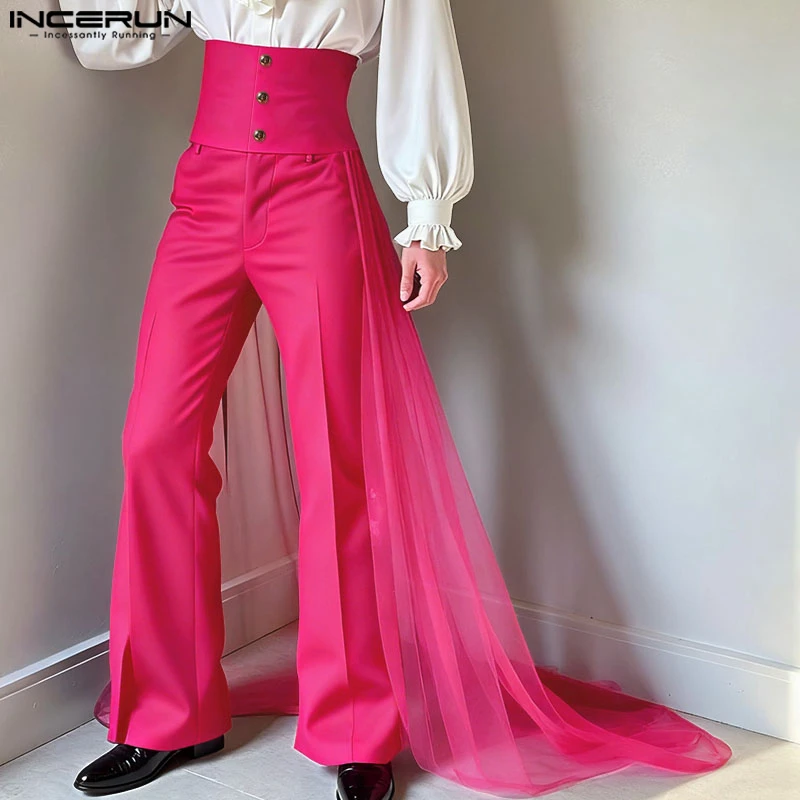 

INCERUN Men Pants Chiffon Patchwork High Waist Button Casual Trousers Men Streetwear Personality Fashion Male Long Pants S-5XL